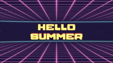 Merhaba Yaz Başlığı Animasyon Fütüristik 80 'ler 90' lar Tarzı. Canlandırma kareleri ve geçmişe dönük arkaplan