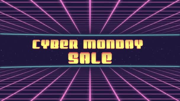 Cyber Monday Venta Título Animated Retro Futuristic 80s 90s Style. Cuadrados de animación y fondo retro — Vídeo de stock