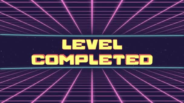 Level Completed Title Animált retro Futurisztikus 80-as évek 90-es évek stílusa. Animációs terek és retro háttér — Stock videók