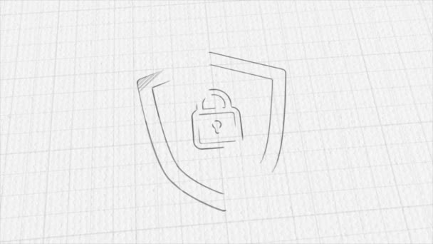 Shield security with lock icon with color drawing effect. Doodle animation. 4K — 비디오