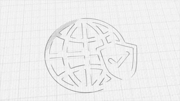 Earth globe and shield with checkmark icon with color drawing effect. Doodle animation. 4K — ストック動画