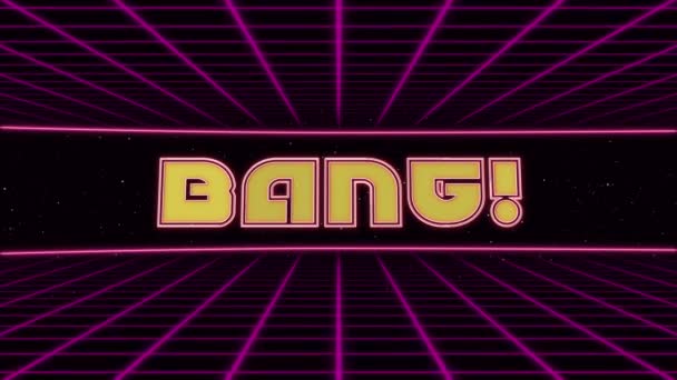 Bang Title Animerad Retro Futuristisk 80-tals 90-tals stil. Animation torg och retro bakgrund — Stockvideo