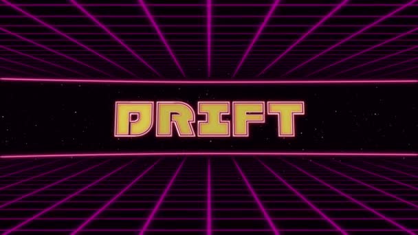 Drift Cím Animált retro Futurisztikus 80-as évek 90-es évek stílusa. Animációs terek és retro háttér — Stock videók