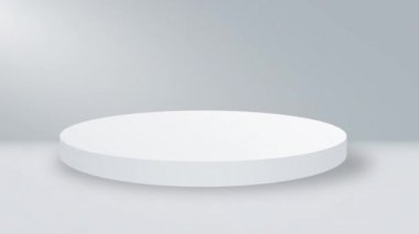Boş yuvarlak podyum, kaide ya da platform ışıklarla aydınlatılmış. Dijital 3D animasyon. 4k