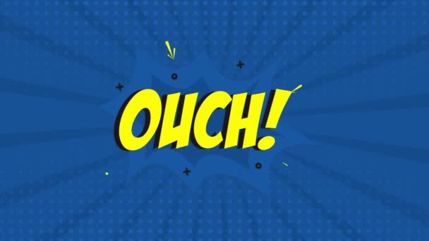 Comic Strip Cartoon Animation Word Ouch Appearing Blue Halftone Background — Stock Video
