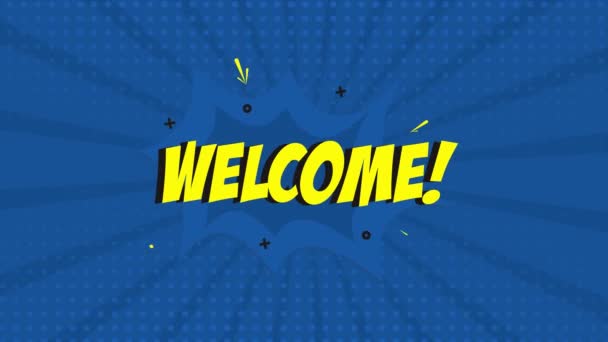 Una Animación Dibujos Animados Tira Cómica Con Palabra Welcome Apareciendo — Vídeos de Stock