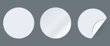 Round adhesive stickers with curved corner. White paper tags. Blank mockup circle sticky label. Realistic textures. Vector illustration, EPS10. Vector illustration