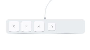 Searth word written with computer buttons over white background. 4k