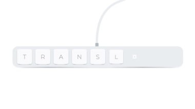 Translate word written with computer buttons over white background. 4k