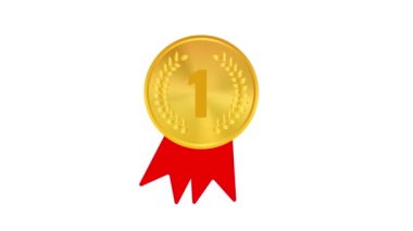 Gold Medal. Golden 1st Place Badge. Sport Game Golden Challenge Award. Red Ribbon. 4k