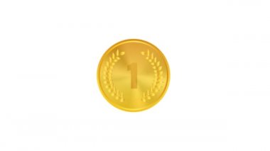 Gold Medal. Golden 1st Place Badge. Sport Game Golden Challenge Award. Red Ribbon. 4k