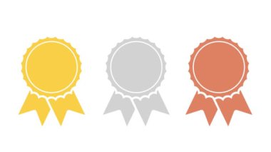 Sports medals. Golden silver bronze medal with red ribbon. Champion winner awards of honor. 4k