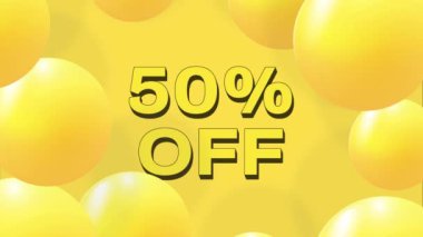 50 percent Mega Discount sale. Abstract background with falling 3d orange balls. Dynamic flying colorful bubbles. 4k