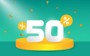 Yüzde 50 indirim. Yaratıcı kompozisyon indirimi. Dekoratif nesnelerin olduğu 3D satış sembolü, podyum. Satış afişi ve poster. Vektör illüstrasyonu