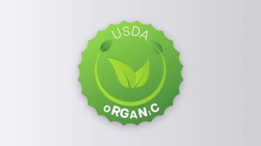 USDA organik animasyon ikon daire rozet işareti. Genetik olarak değiştirilmemiş organizma amblemi çıkartması. Organik gıda kuponu. Hareket tasarımı
