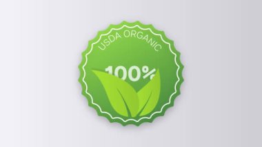 USDA organik animasyon ikon daire rozet işareti. Genetik olarak değiştirilmemiş organizma amblemi çıkartması. Organik gıda kuponu. Hareket tasarımı