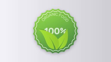 Organik gıda animasyon ikonu halka rozet işareti. Genetik olarak değiştirilmemiş organizma amblemi çıkartması. Organik gıda kuponu. Hareket tasarımı