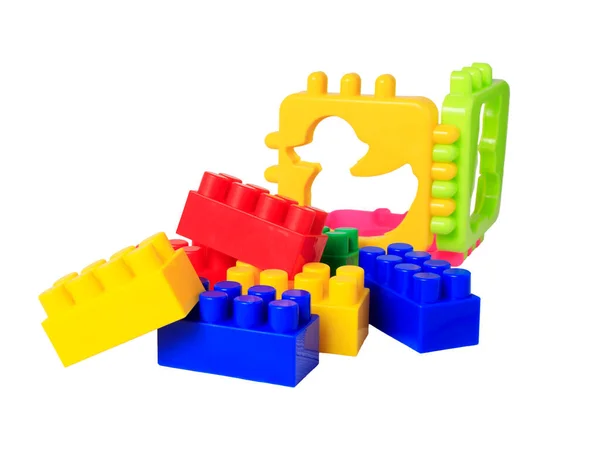 Műanyag Építőkockák Építész Elszigetelt Fehér Alapon Gyermeknevelési Játékok Koncepciója Kisgyermekek — Stock Fotó