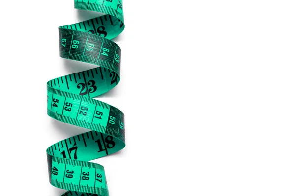 Groene Meetlint Geïsoleerd Witte Achtergrond Concept Van Gewichtsverlies Gewichtsverlies Gewichtstoename — Stockfoto