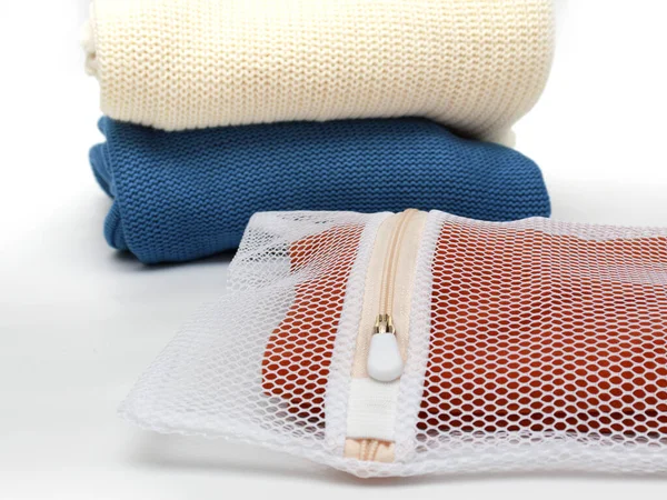 Knitwear Bag Delicate Washing Fabrics Concept Gentle Washing Clothes Fabrics ストック画像