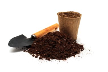 Beyaz arka planda turba yosunu izolasyonu, bitkiler için kara toprak. Bahçıvanlık ya da ekme kavramı. Toprakta bahçe aletleri ve fidanlar. Bahçede ilkbahar.