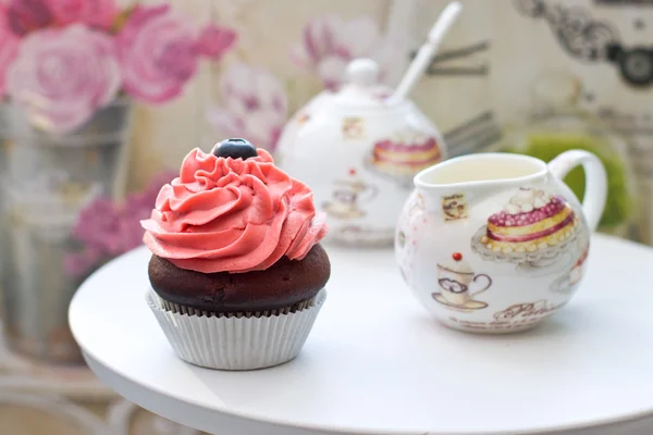 Chocolade en vanille cupcakes met roze roomkaas frosting en bosbessen — Stockfoto
