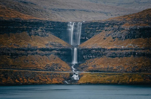 Long Shot Whole Fossa Waterfall Faroe Islands November 2021 Dramatic — Stock Photo, Image