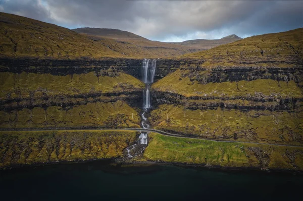 Aerial Long Shot Whole Fossa Waterfall Faroe Islands November 2021 — Stock Photo, Image