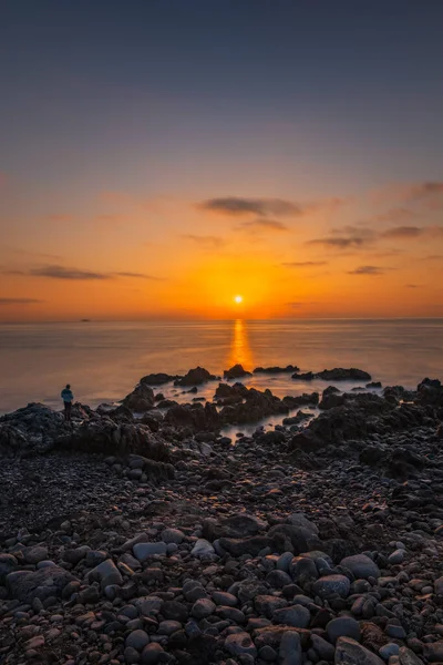 Lone Man Looks Out Rising Sun Sunrise Reis Magos Beach — Stock Photo, Image