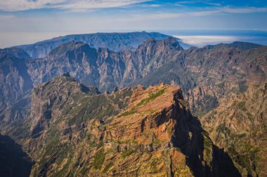 Mountain trail Pico do Arieiro, Madeira Island, Portugal. October 2021. Aerial drone picture