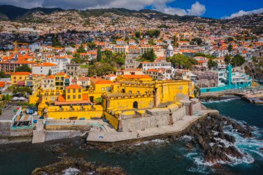 Aerial drone view of old castle Fortaleza de Sao Tiago. Funchal, Madeira, Portugal. October 2021