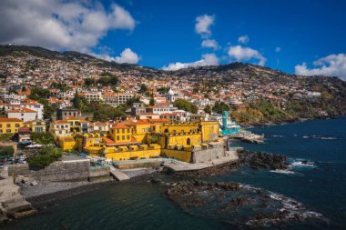 Aerial drone view of old castle Fortaleza de Sao Tiago. Funchal, Madeira, Portugal. October 2021