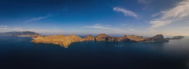 The peninsula St. Lawrence or Ponta de Sao Lourenco in the north-east of Madeira, viewpoint Miradouro da Ponta do Rosto, Portugal. October 2021. Panoramic aerial drone picture