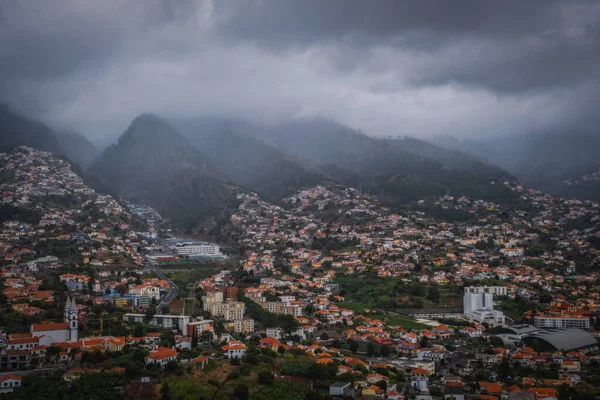 Aerial Panoramic View Funchal City Madeira Portugal Foggy Rainy Weather — ストック写真
