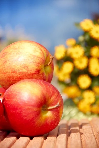 Frische Äpfel auf einem Tisch im Garten — Stockfoto