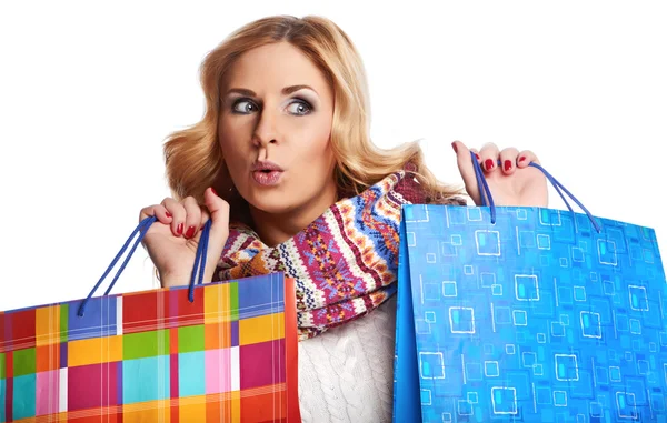 Winter and christmas shopping. Woman holding shopping bags — Stock Photo, Image