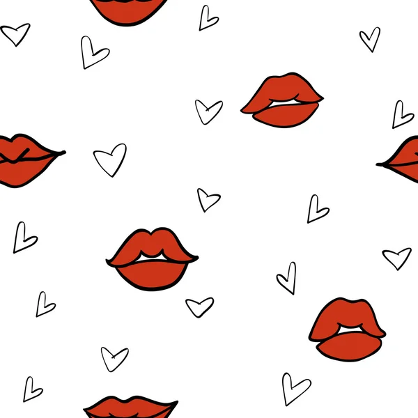 Red lips and hearts seamless pattern — Stock Vector