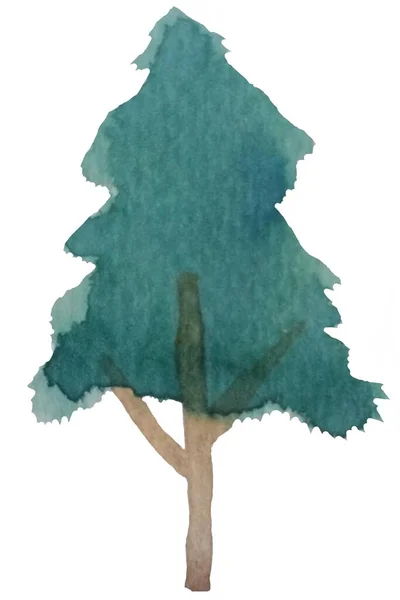 被白色隔离的水彩树 粗纹理纸上的树 植物笔画水彩画 社交媒体 图片设计 — 图库照片