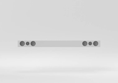 Beyaz arka planda süzülen beyaz ses çubuğu. Minimum konsept fikir. Tek renk olsun. 3d hazırlayıcı.