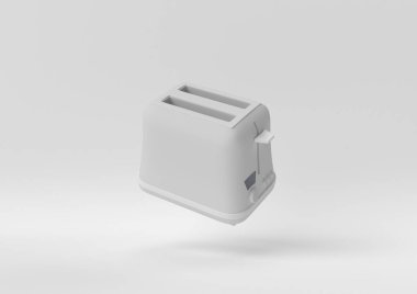 Beyaz arka planda yüzen beyaz tost makinesi. Minimum konsept fikir. Tek renk olsun. 3d hazırlayıcı.