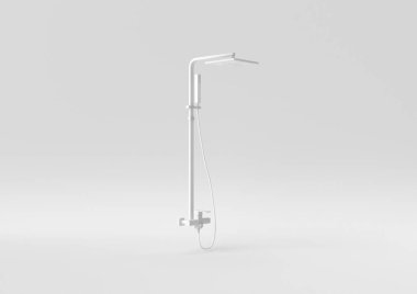 Beyaz duş başlığı ve beyaz arka planda yüzen musluk. Minimum konsept fikir. Tek renk olsun. 3d hazırlayıcı.