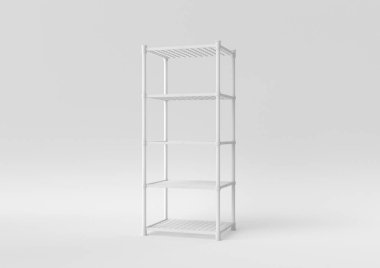 Beyaz arka planda beyaz raf. Minimum konsept fikir. Tek renk olsun. 3d hazırlayıcı.