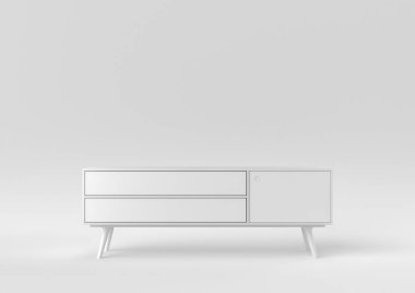 Beyaz büfe. Beyaz arka planda Shelf TV. Minimum konsept fikir. Tek renk olsun. 3d hazırlayıcı.
