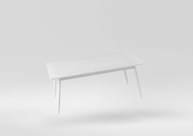 Beyaz modern masa ya da beyaz arka planda yüzen yemek masası. Minimum konsept fikir. Tek renk olsun. 3d hazırlayıcı.