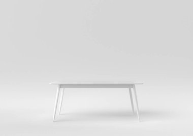 Beyaz modern masa ya da beyaz arka planda yemek masası. Minimum konsept fikir. Tek renk olsun. 3d hazırlayıcı.