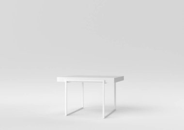 Beyaz modern masa ya da beyaz arka planda yemek masası. Minimum konsept fikir. Tek renk olsun. 3d hazırlayıcı.
