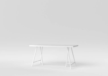 Beyaz arka planda beyaz modern masa. Minimum konsept fikir. Tek renk olsun. 3d hazırlayıcı.
