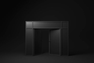 Yaratıcı fikirlere açılan siyah kapı ya da beyaz arka planda yeni bir hayat. Asgari konsept fikir yaratıcı. 3 Boyutlu Hazırlama.