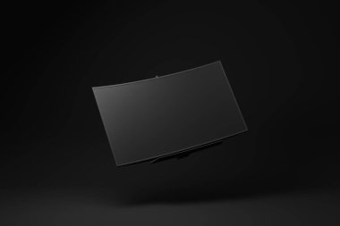 Siyah arka planda yüzen siyah televizyon. Minimum konsept fikir. 3 Boyutlu Hazırlama.
