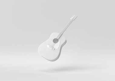 Beyaz arka planda yüzen beyaz gitarlı akustik beden. Asgari konsept fikir yaratıcı. Tek renk olsun. 3 Boyutlu Hazırlama.